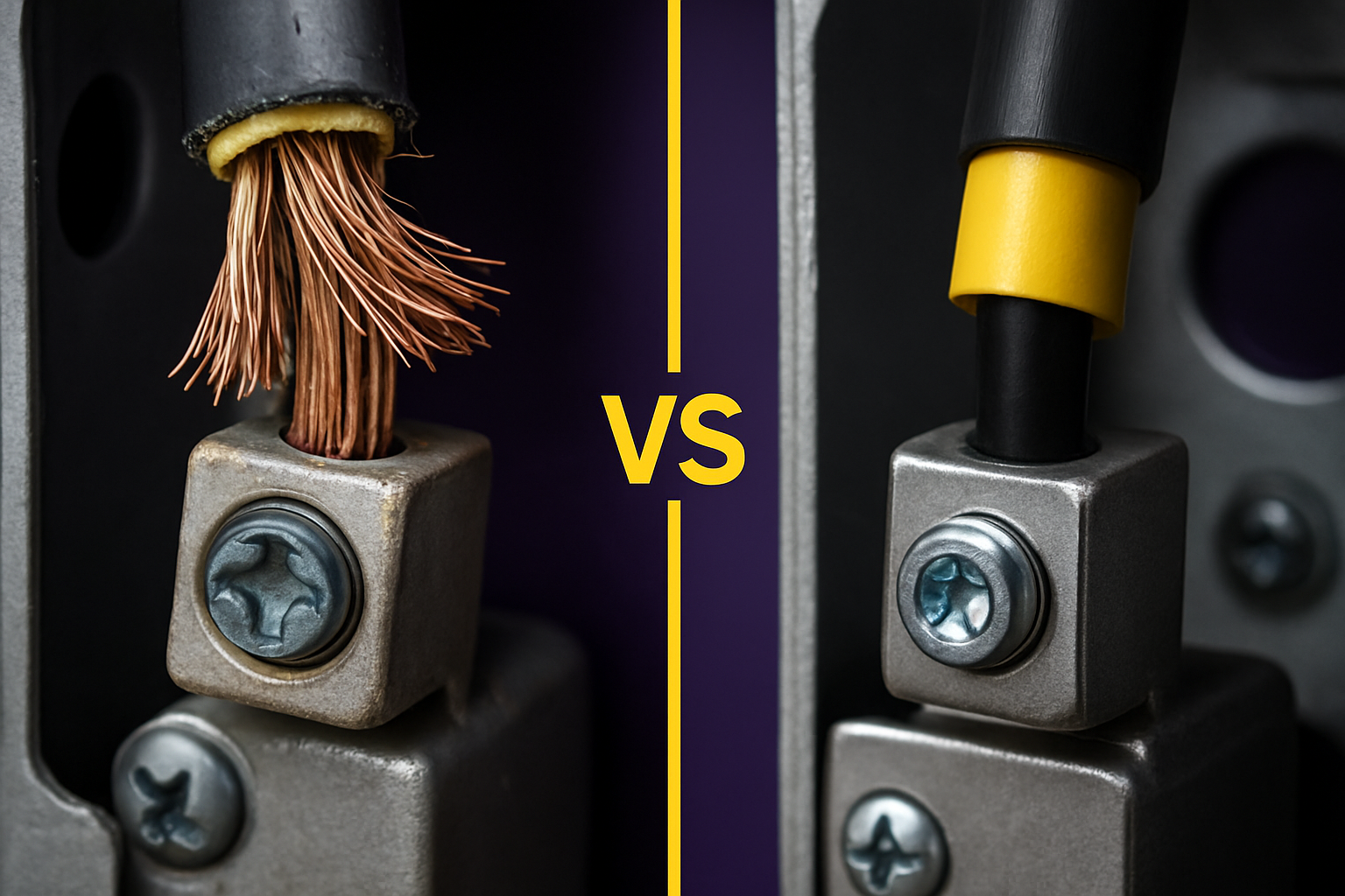 Close-up comparison of frayed copper electrical wire versus properly insulated and secured wire connection.