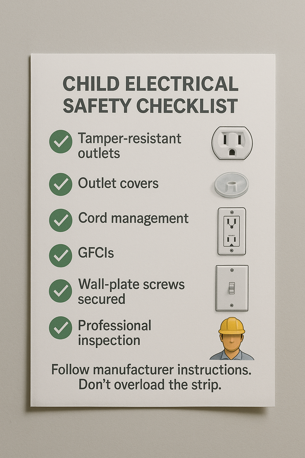 Printed checklist for child electrical safety showing six items: tamper-resistant outlets, outlet covers, cord management, GFCIs, wall-plate screws secured, and professional inspection.