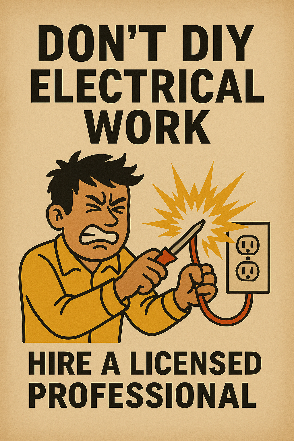 Illustration of a person struggling with exposed wires and a screwdriver, sparks flying—highlighting the danger of DIY electrical work.