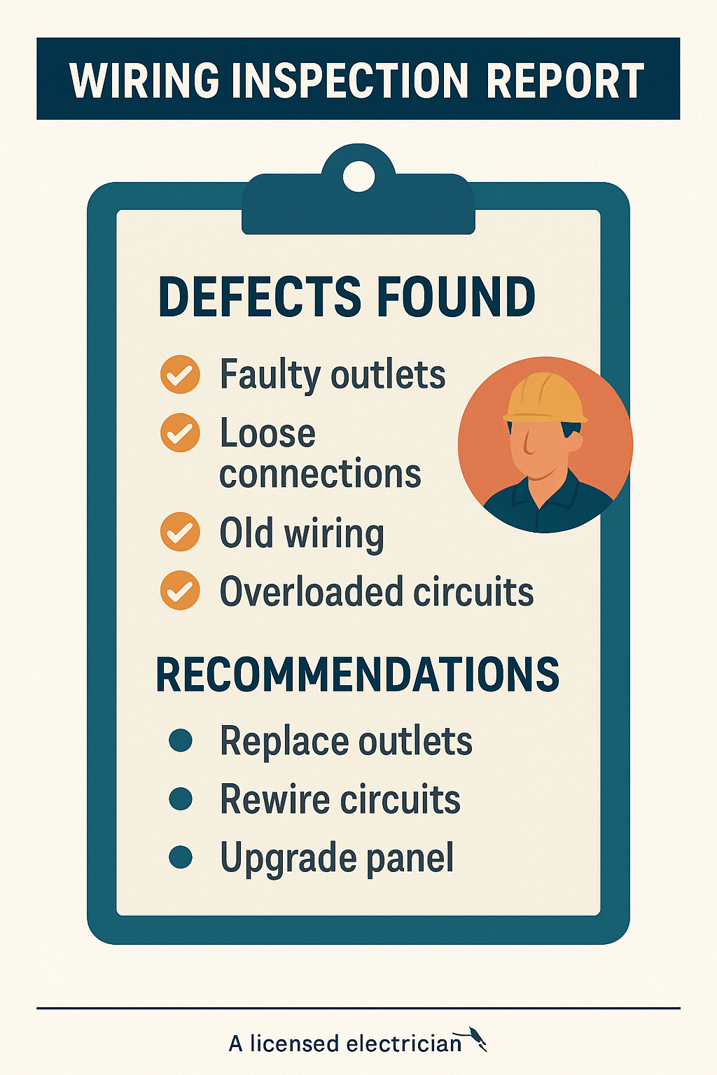 Clipboard-style infographic titled “Wiring Inspection Report” listing defects found—Faulty outlets, Loose connections, Old wiring, Overloaded circuits—and recommendations—Replace outlets, Rewire circuits, Upgrade panel—with electrician icon and footer “A licensed electrician.