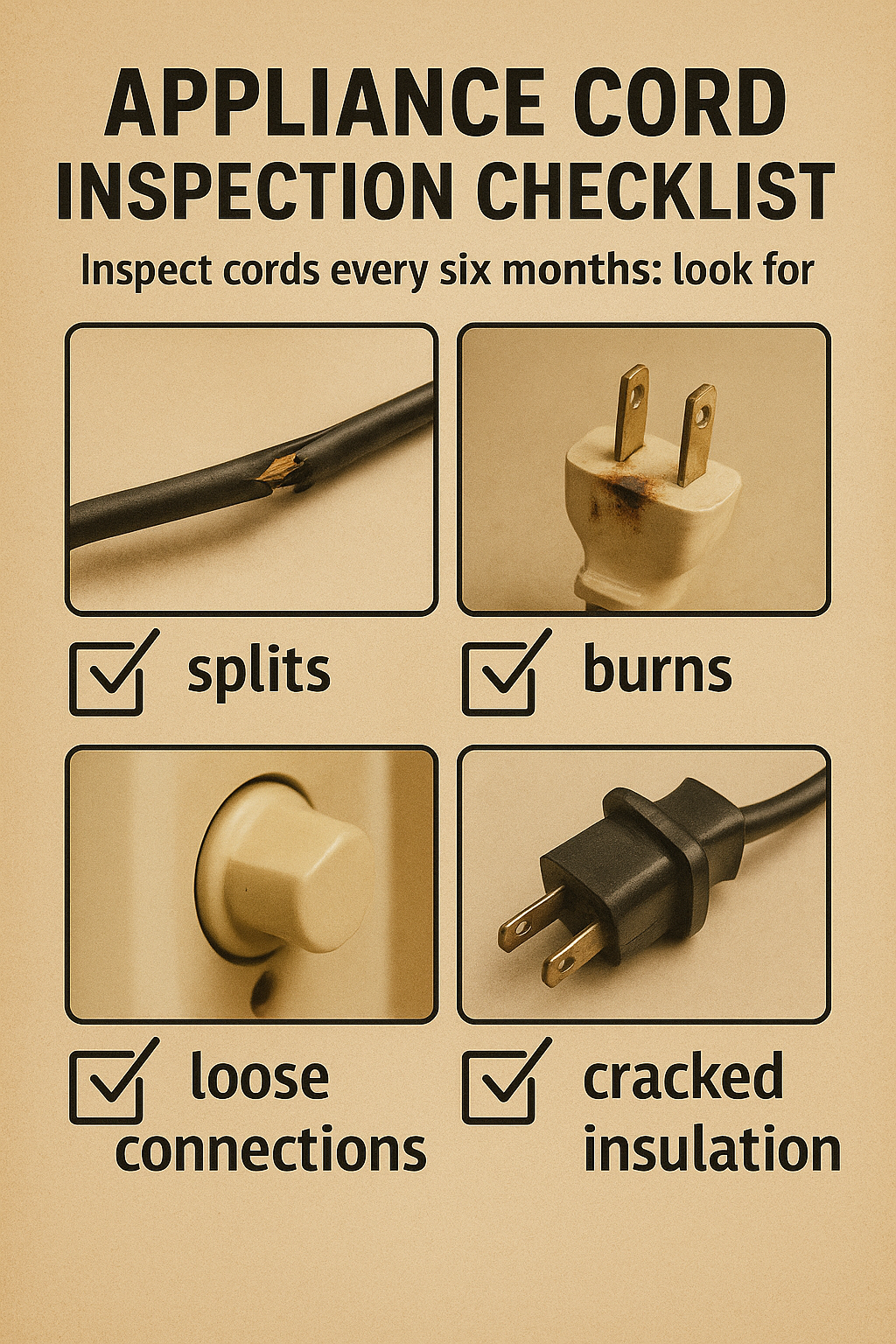 Appliance cord inspection checklist with four photos showing splits, burns, loose connections, and cracked insulation.