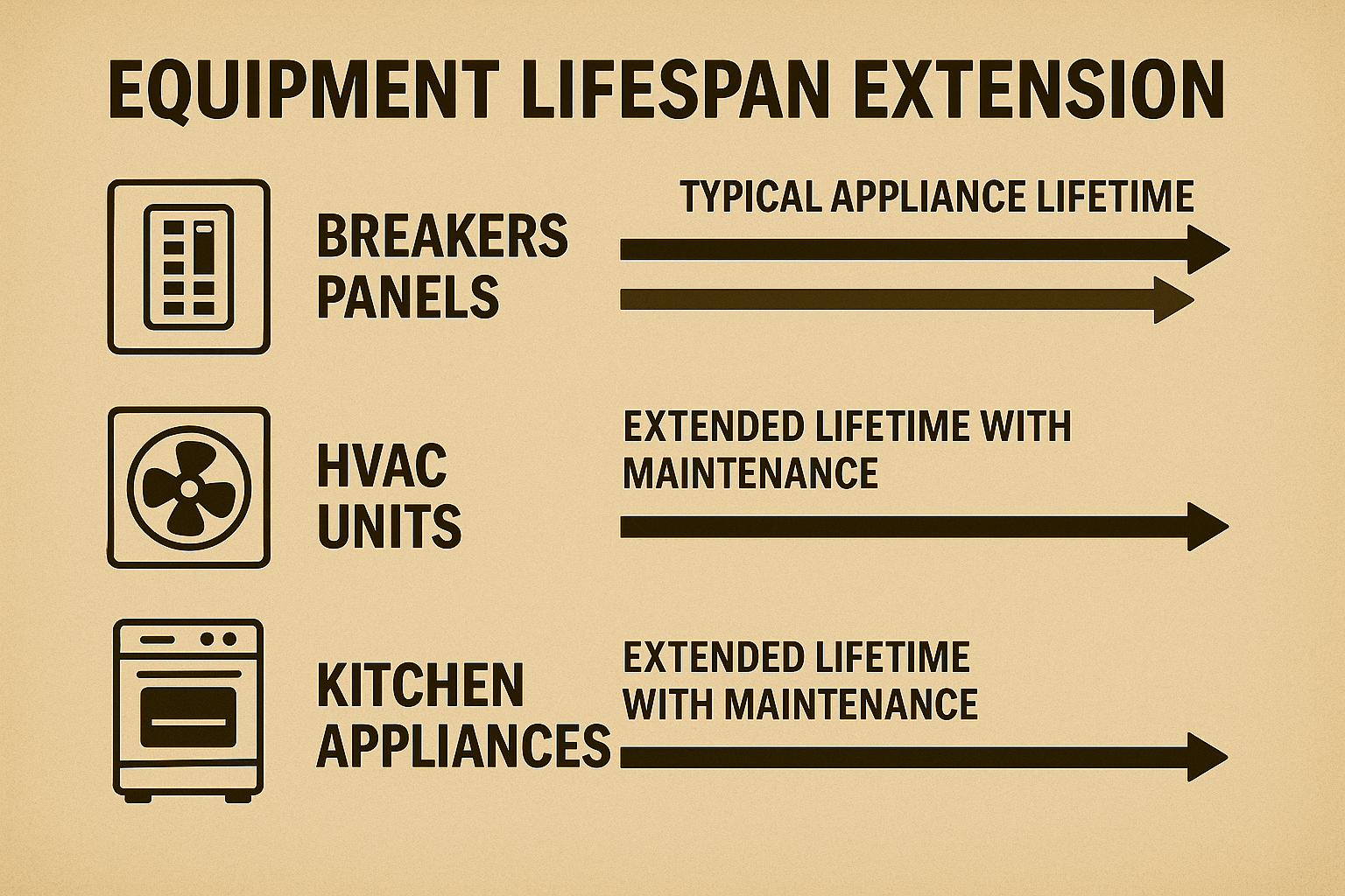 Infographic showing how maintenance extends the lifespan of breakers, panels, HVAC units, and kitchen appliances.