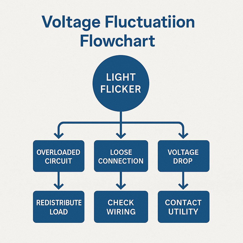 Flowchart diagram showing a central circle labeled “LIGHT FLICKER” branching into three boxes—“OVERLOADED CIRCUIT,” “LOOSE CONNECTION,” “VOLTAGE DROP”—each leading to corrective actions: “REDISTRIBUTE LOAD,” “CHECK WIRING,” and “CONTACT UTILITY.”