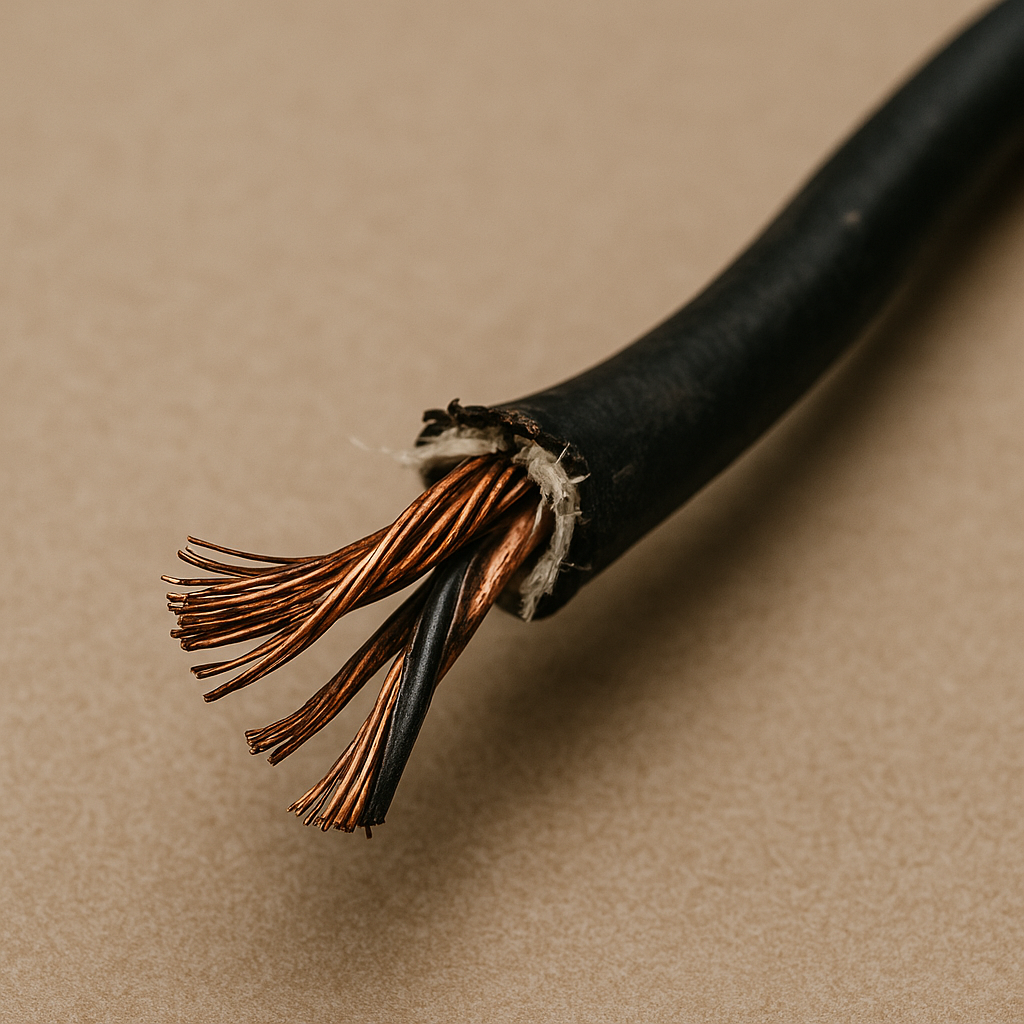 Close-up of a frayed black electrical cable showing exposed copper conductors against a neutral background.