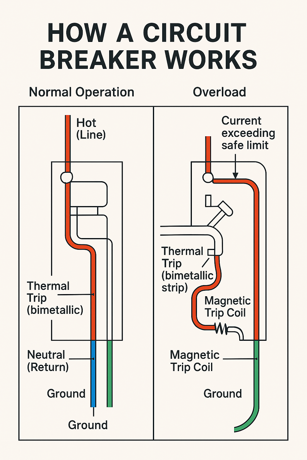 Diagram showing a cutaway view of a circuit breaker under normal conditions (blue arrows through switch) and overload (red arrows exceeding safe limits), illustrating how the breaker trips to interrupt current flow.