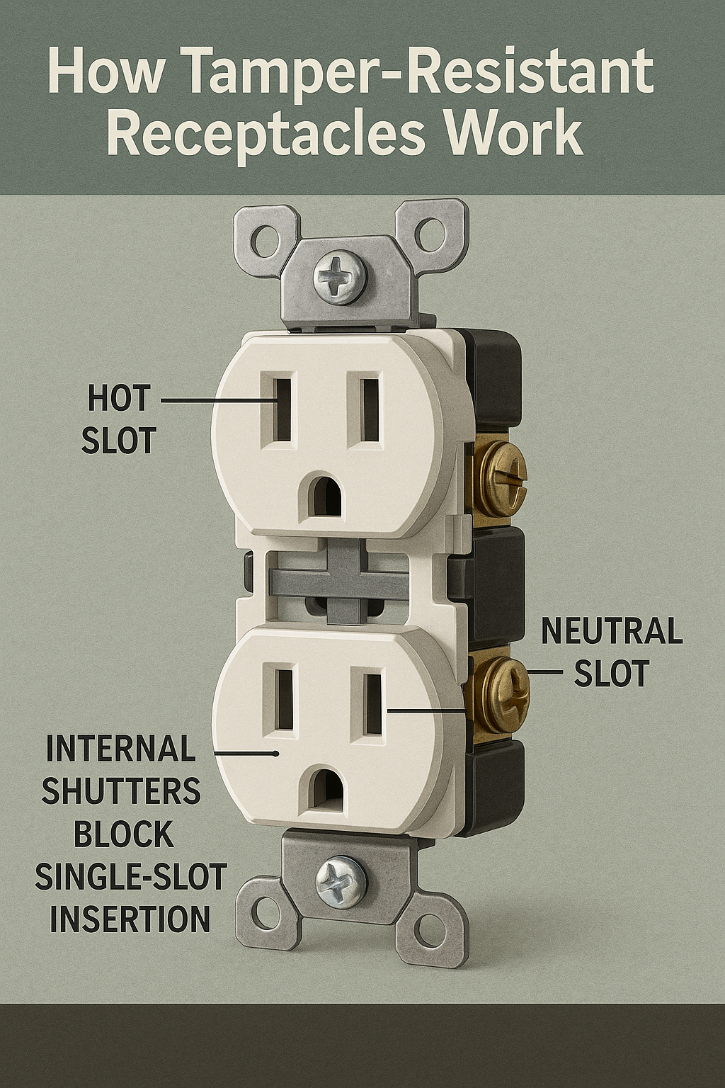 Diagram of a tamper-resistant electrical receptacle showing labeled hot slot, neutral slot, and internal shutters that block single-slot insertion.