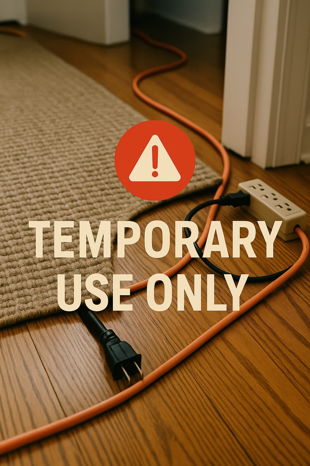 Long orange extension cord and power strip stretched across a hardwood floor with a “Temporary Use Only” warning icon.