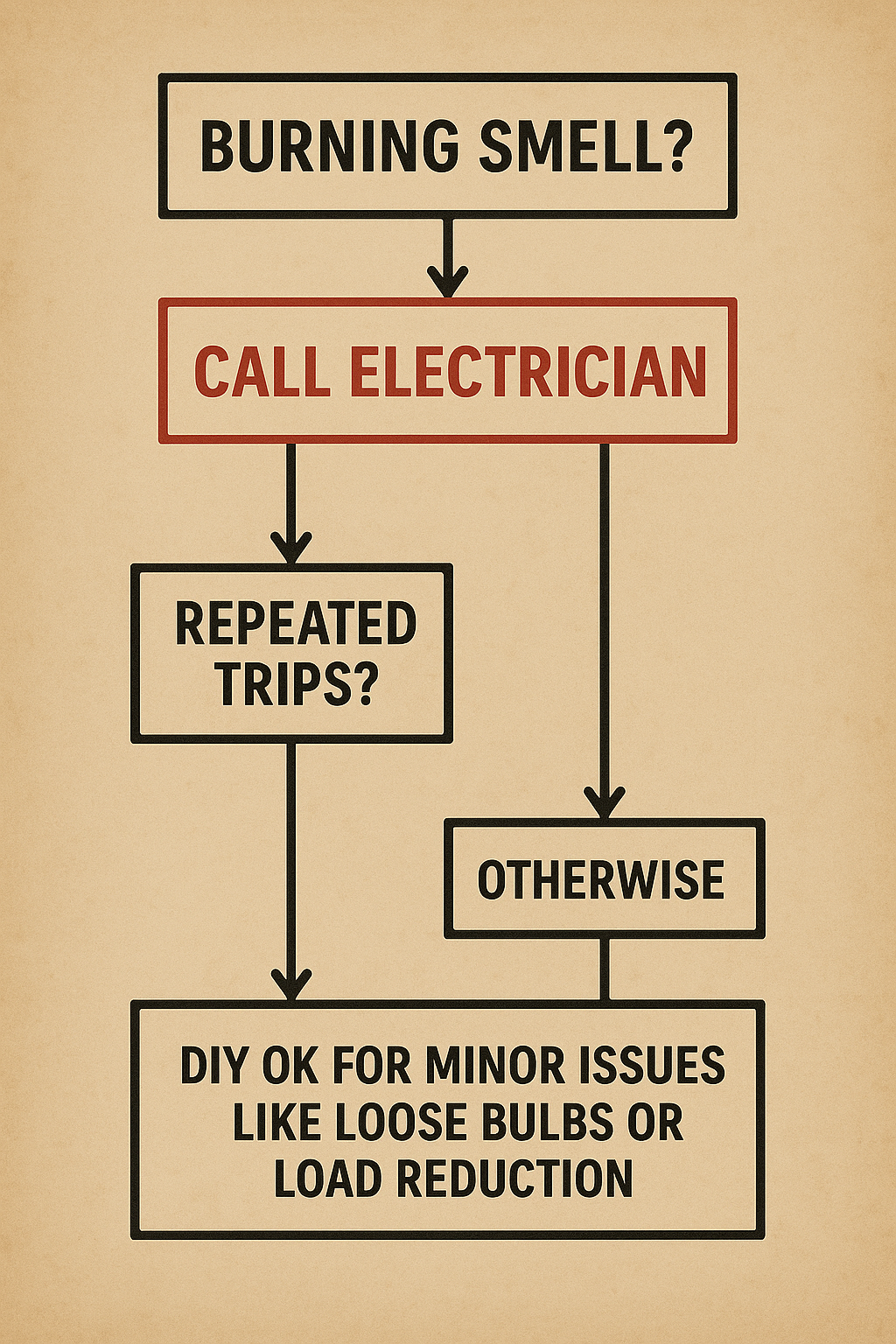 “Vintage-style flowchart on beige paper: ‘Burning smell?’ → ‘Call Electrician’; ‘Repeated trips?’ → ‘Call Electrician’; otherwise → ‘DIY OK for minor issues like loose bulbs or load reduction.’”
