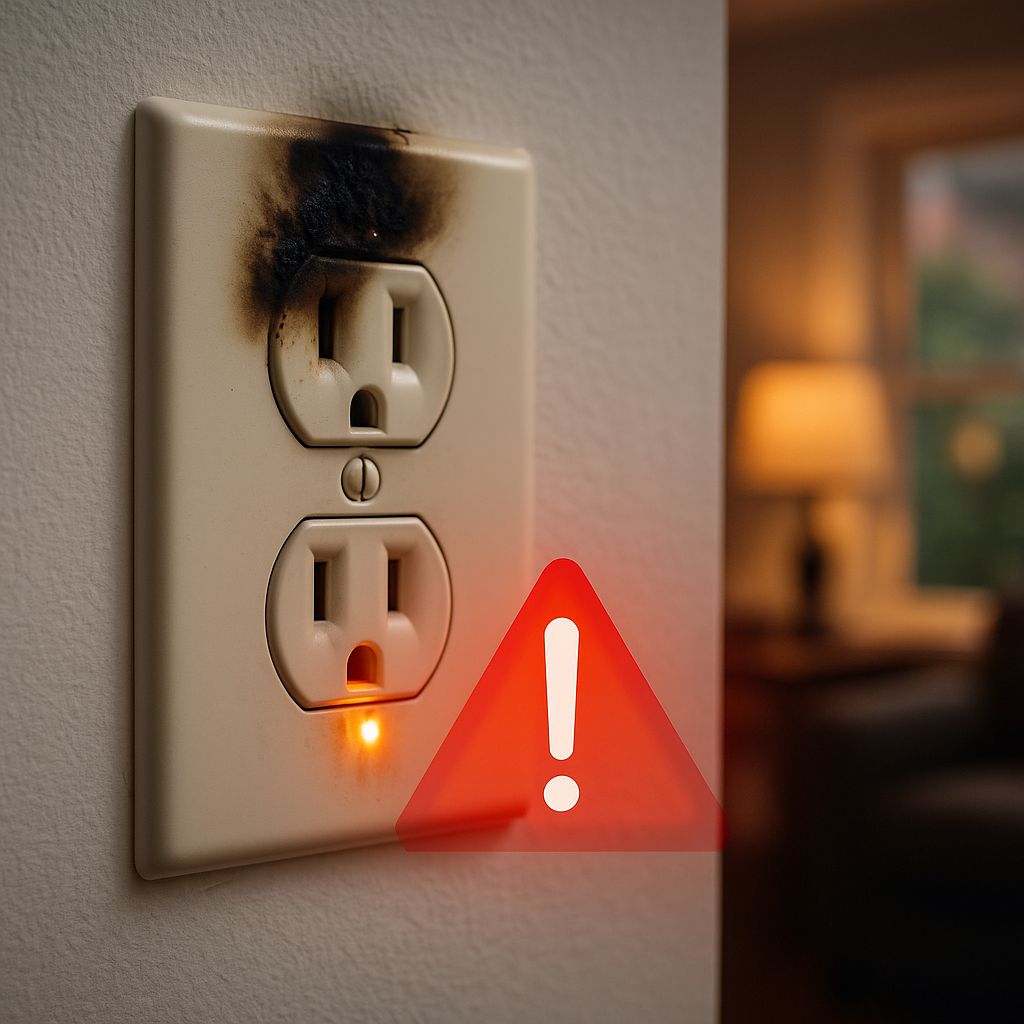 Photorealistic close-up of a home electrical outlet with visible scorch marks on the top receptacle 