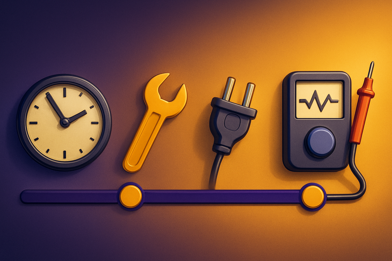 Clock, wrench, electrical plug, and multimeter arranged on a maintenance timeline in purple and gold tones.