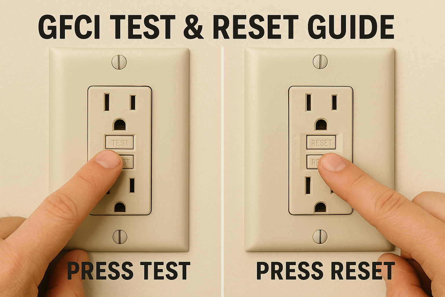 Side-by-side GFCI outlet showing a finger pressing the TEST button on the left and the RESET button on the right.