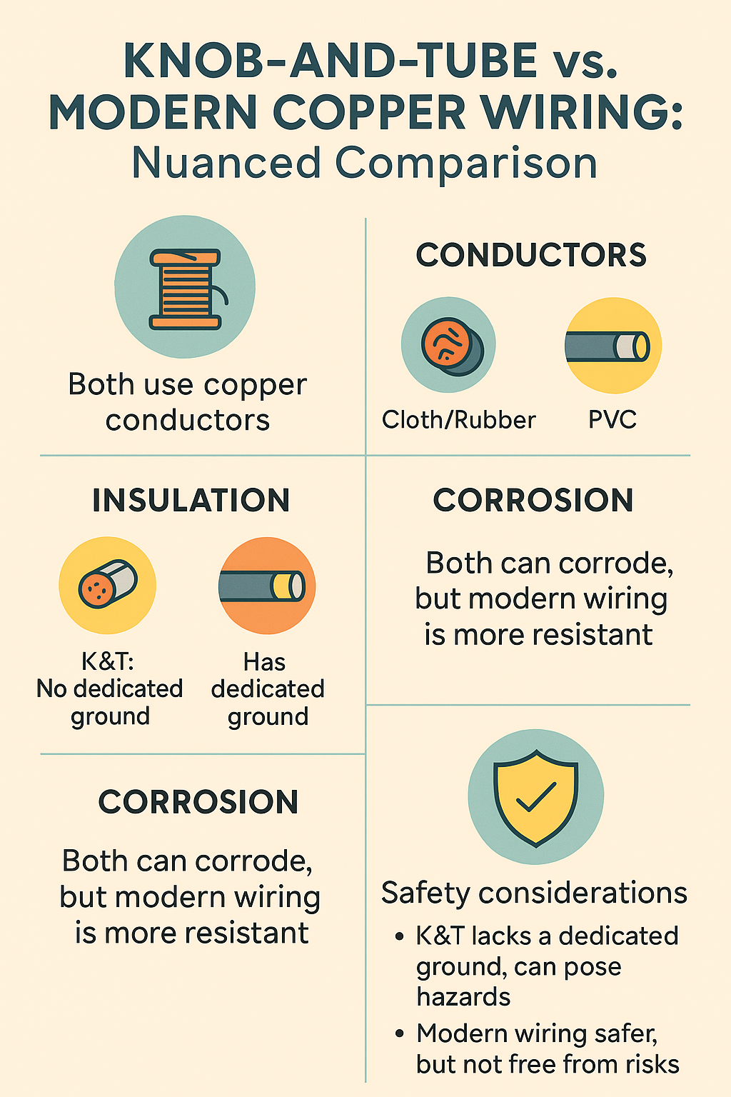  Infographic titled “Knob-and-Tube vs. Modern Copper Wiring: Nuanced Comparison” divided into quadrants outlining: both use copper conductors; insulation—K&T cloth/rubber vs modern PVC; grounding—K&T no dedicated ground vs modern has; corrosion—both can corrode but modern more resistant; safety considerations—K&T lacks ground but can be serviceable when well-maintained, modern wiring safer yet still subject to failure modes.
