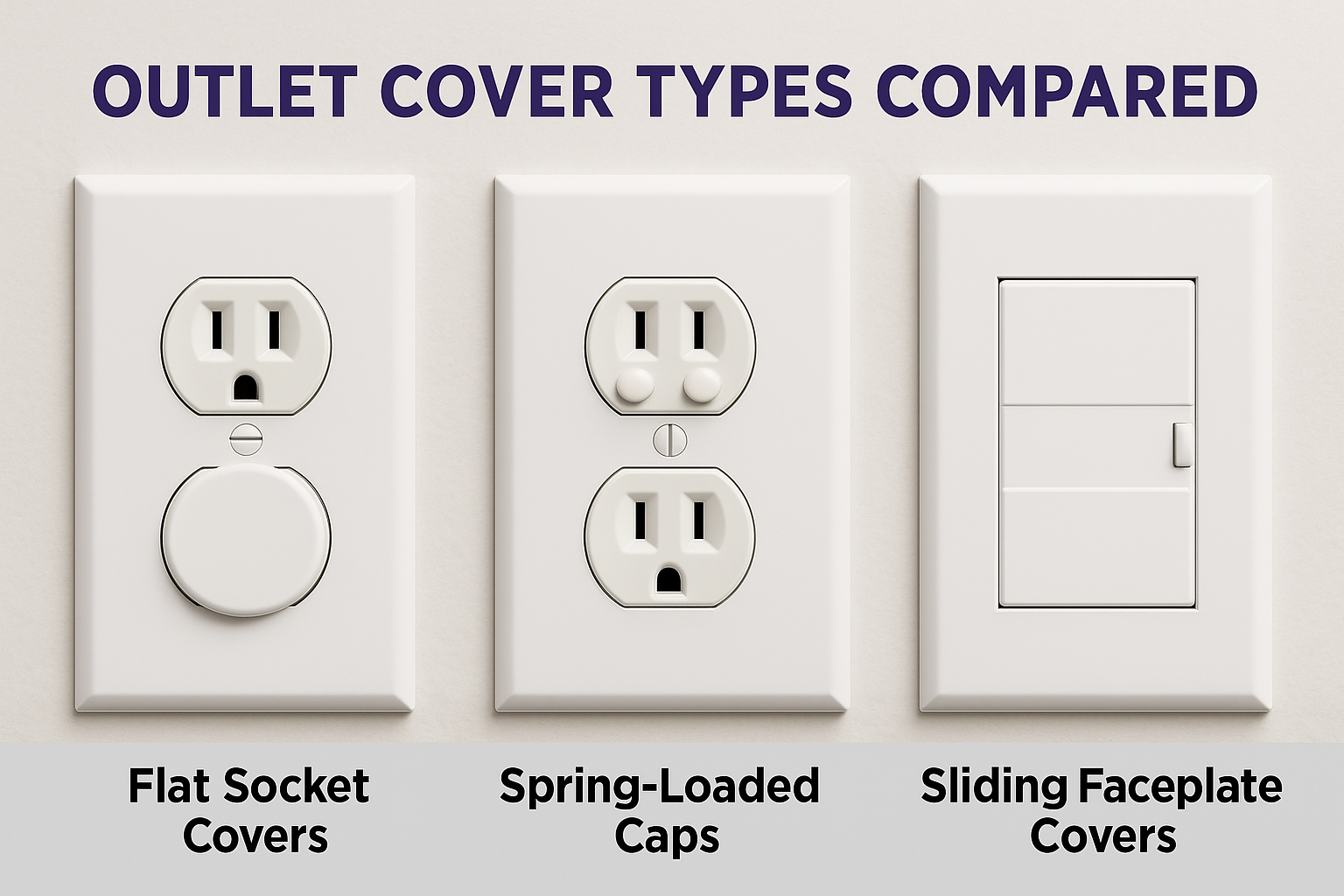 Comparison of three outlet cover types: flat socket covers, spring-loaded caps, and sliding faceplate covers, displayed side by side.
