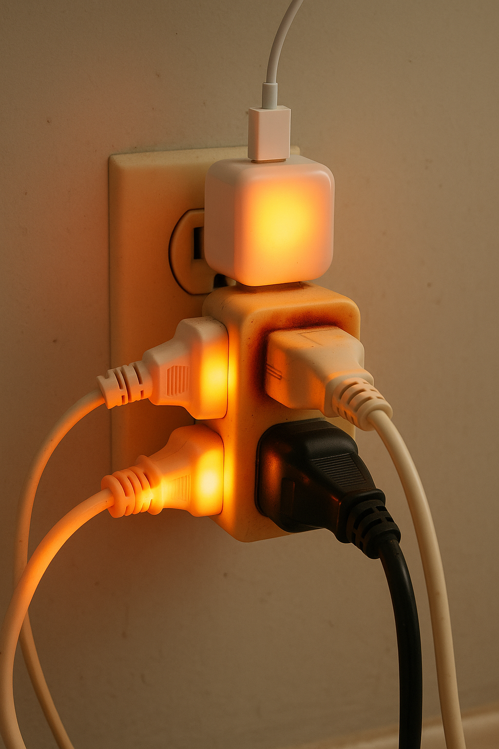 Overloaded wall outlet with multiple plugs and a power strip showing glowing connections due to excessive load.
