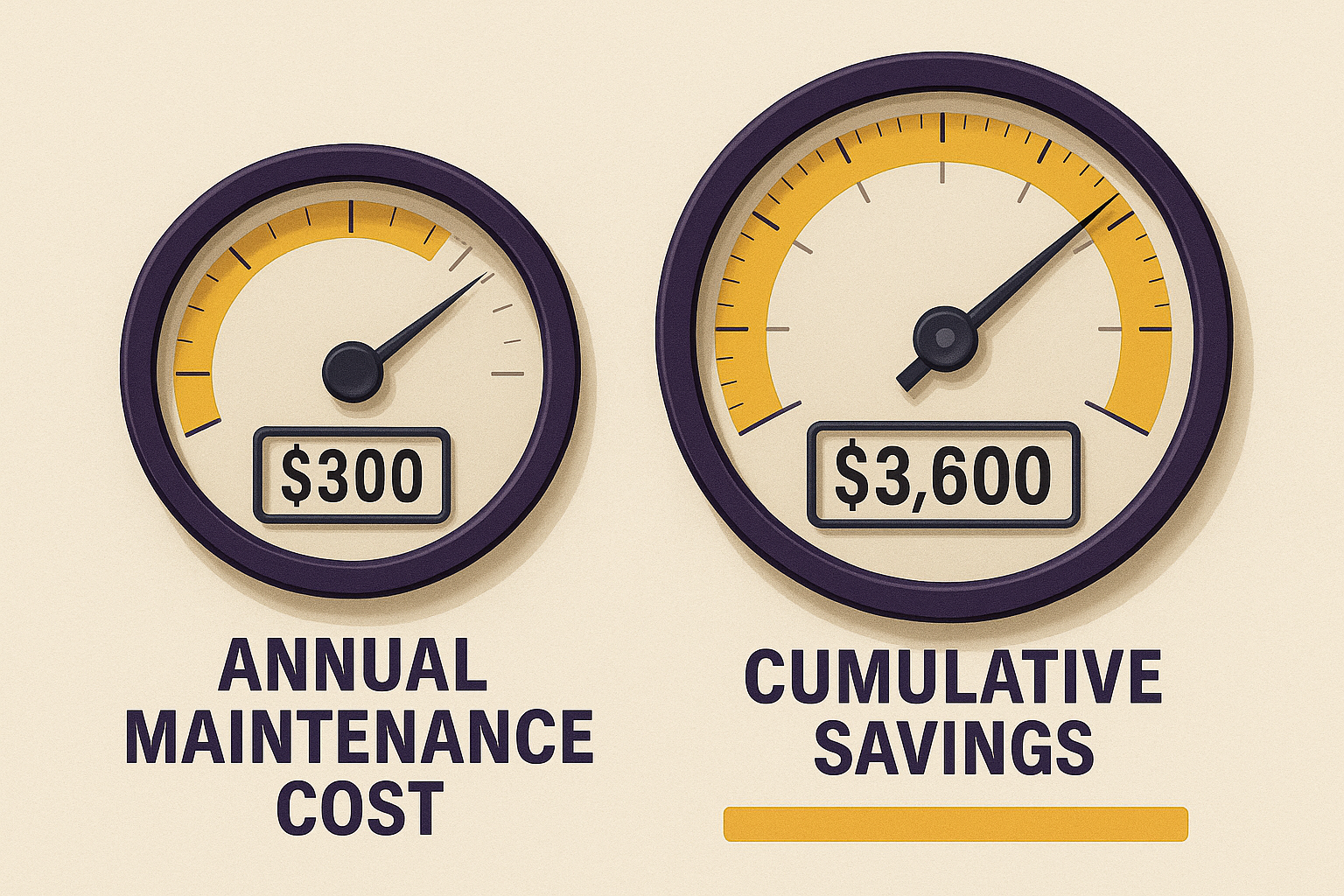 Infographic showing $300 annual maintenance cost versus $3,600 cumulative savings using gauge-style meters.