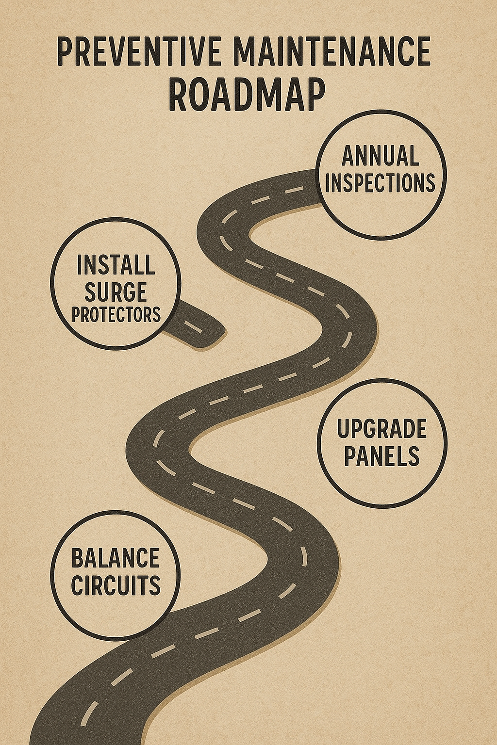 Alt Text: “Roadmap-style infographic showing a winding path with milestones: Balance circuits, install surge protectors, upgrade panels, and annual inspections.”