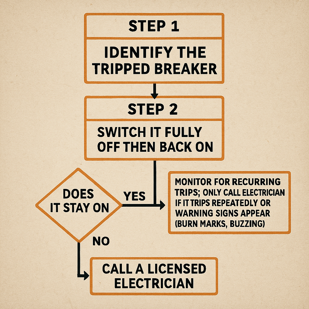 Alt Text: “Flowchart on beige textured background showing: Step 1 Identify the tripped breaker; Step 2 Switch fully off then back on; Decision ‘Does it stay on?’ with arrows for ‘Yes: Monitor for recurring trips or warning signs’ and ‘No: Call a licensed electrician.’”