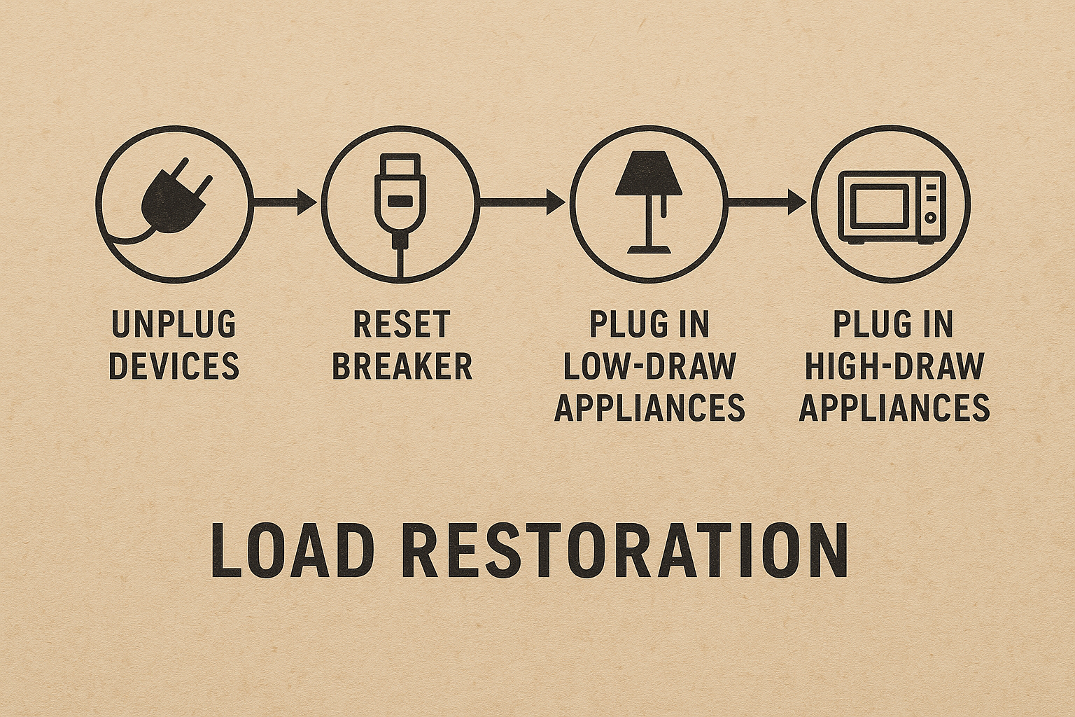 Alt Text: “Horizontal infographic showing icons and steps for load restoration: unplug devices, reset breaker, plug in low-draw appliances, plug in high-draw appliances.”
