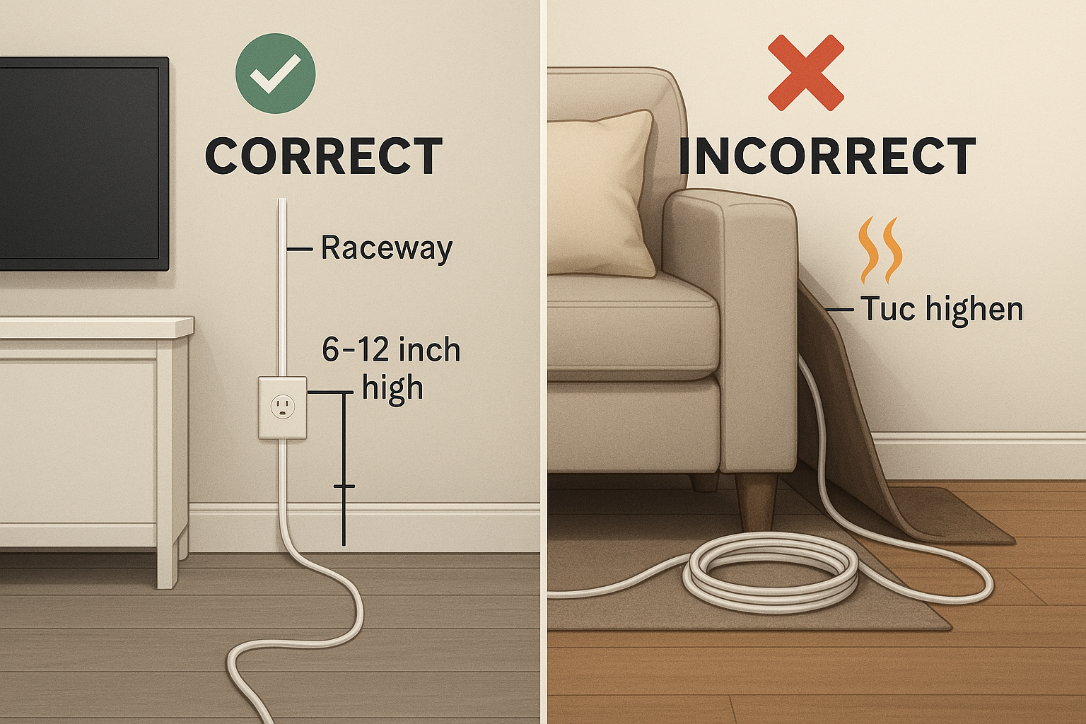 Side-by-side comparison of correct and incorrect cord management, showing a raceway installation versus cords coiled under a rug.