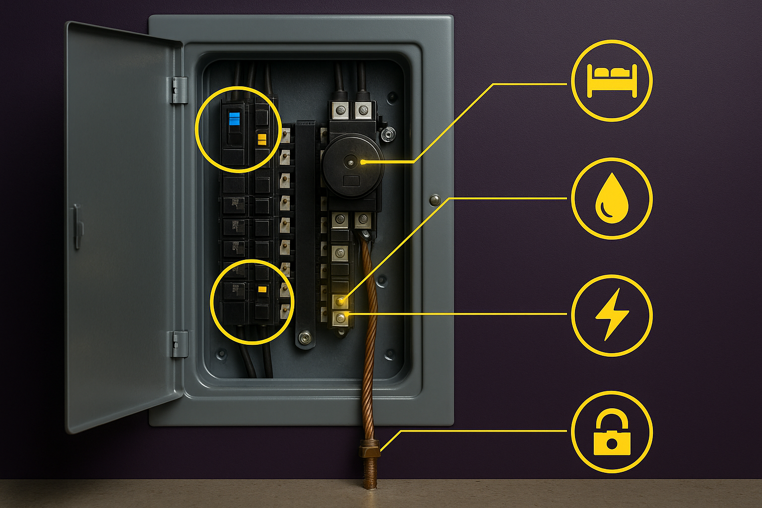 Electrical panel with highlighted AFCI, GFCI, surge protection, and grounding safety features.
