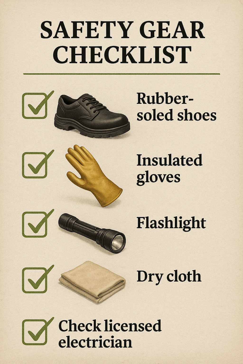 Alt Text: “Checklist infographic showing rubber-soled shoes, insulated gloves, flashlight, dry cloth, and checking licensed electrician.”