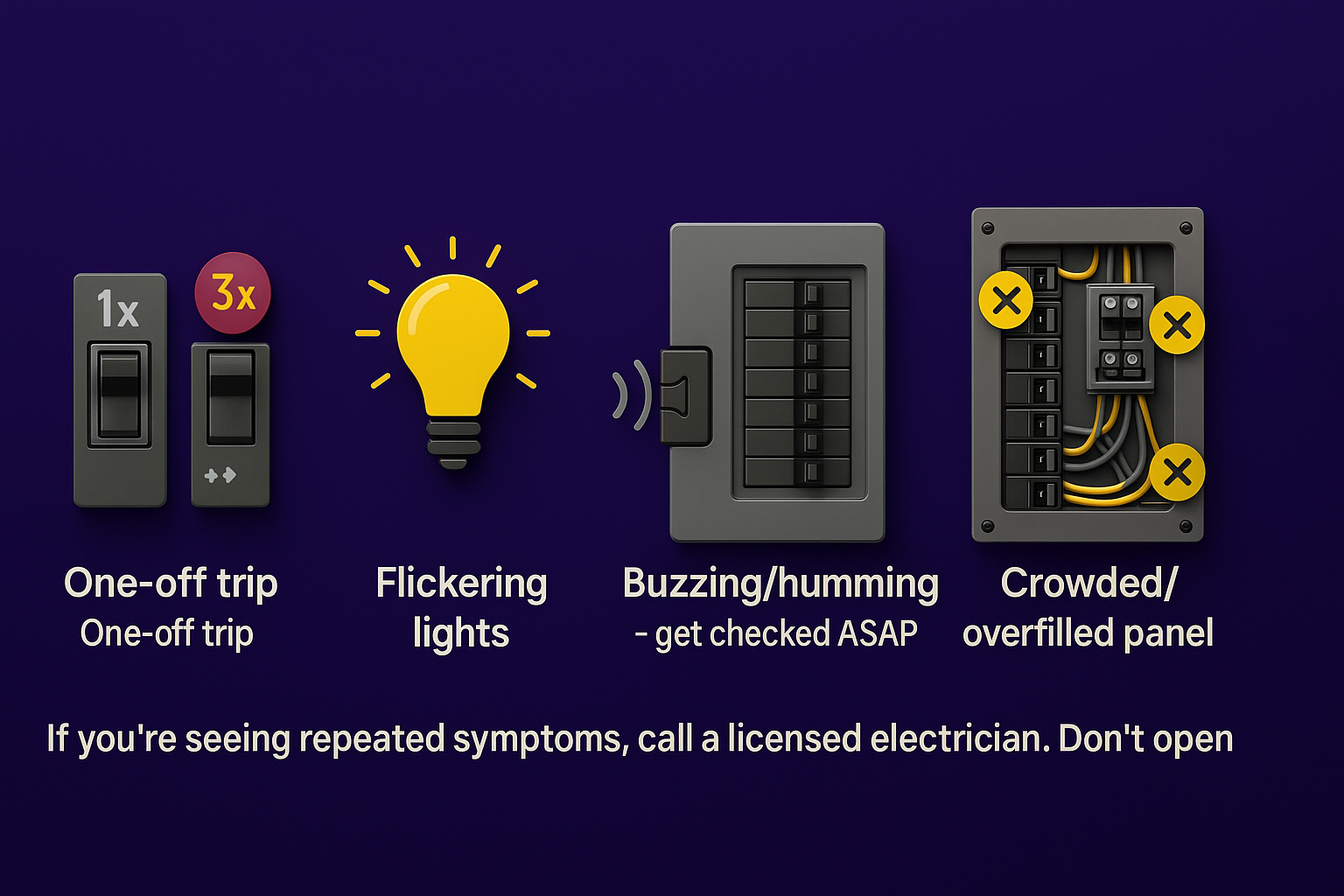 Illustration showing signs of an overloaded electrical panel including breaker trips, flickering lights, buzzing or humming sounds, and a crowded breaker box.