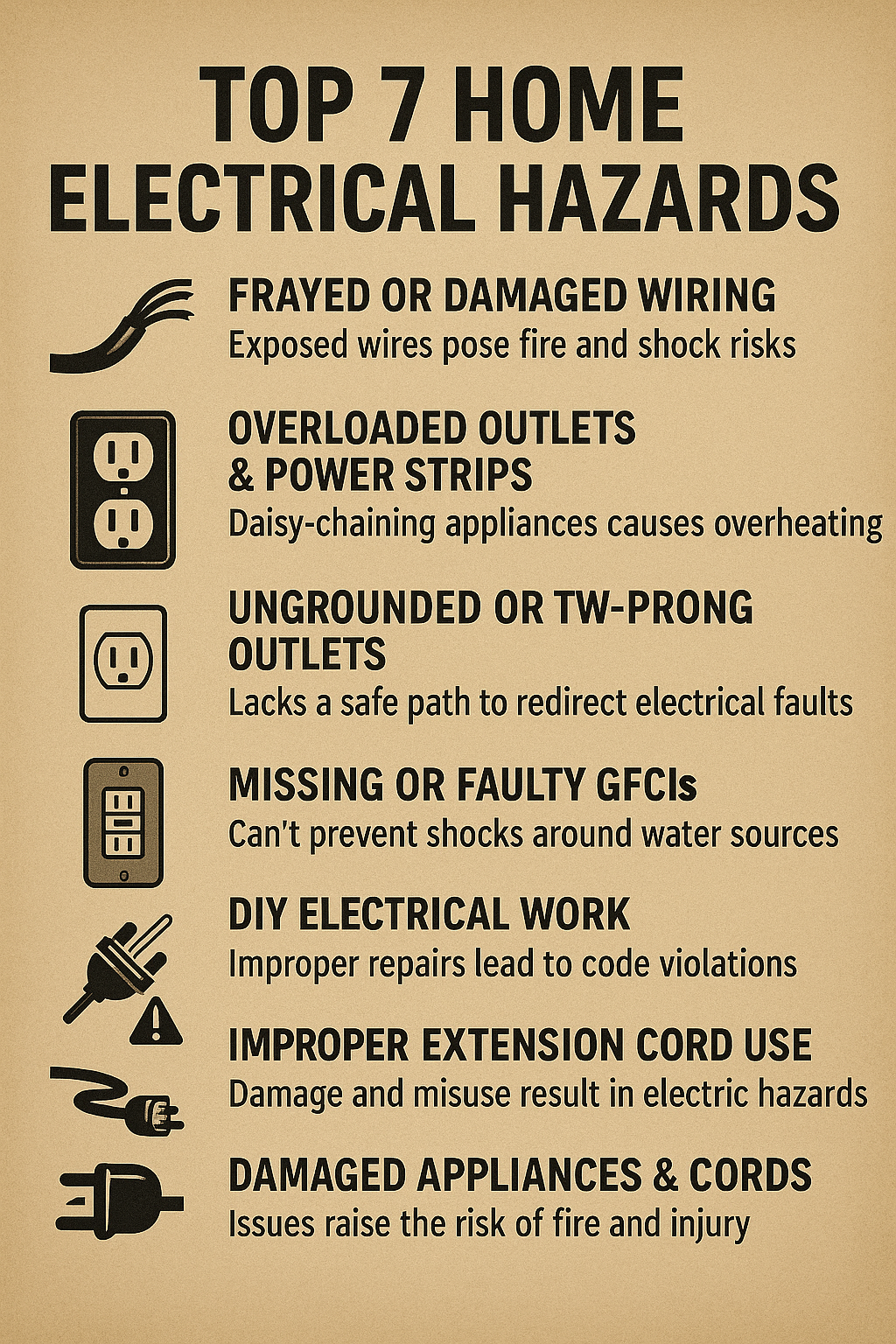 Infographic showing the top 7 home electrical hazards: frayed wiring, overloaded outlets & power strips, ungrounded outlets, missing GFCIs, DIY electrical work, improper extension cord use, and damaged appliances & cords.