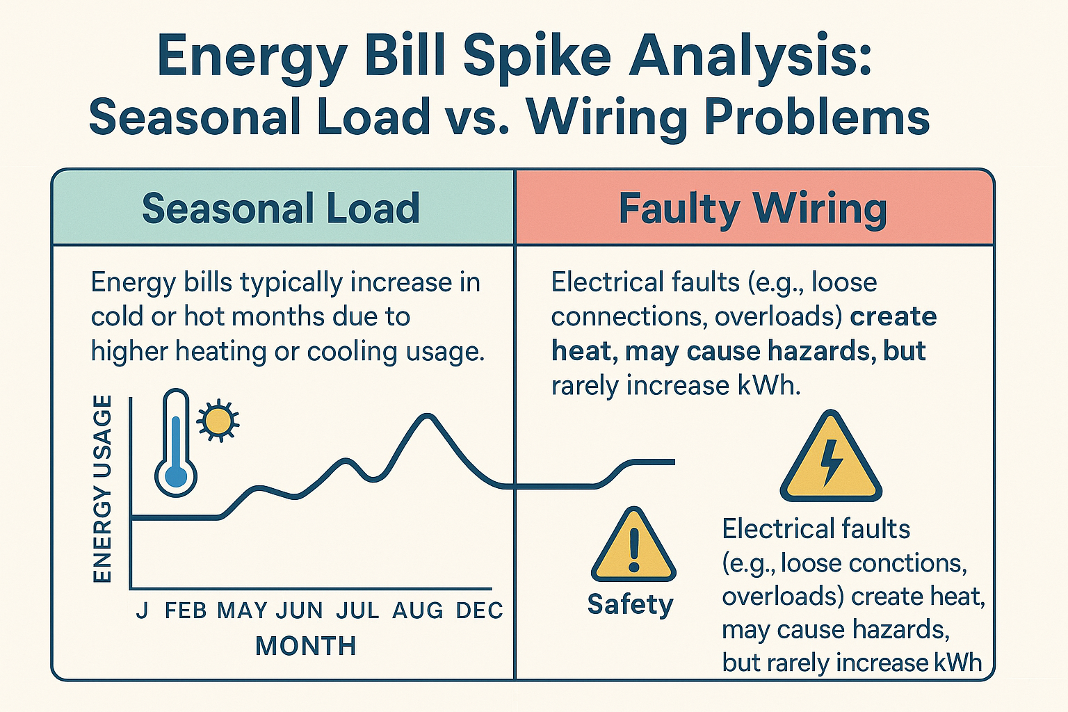 Infographic split in two: left side titled “Seasonal Load” shows a temperature icon, line graph peaking in summer and winter, labeling that heating and cooling drive kWh usage; right side titled “Faulty Wiring” shows a warning triangle, text stating electrical faults create heat hazards but rarely increase kWh consumption.