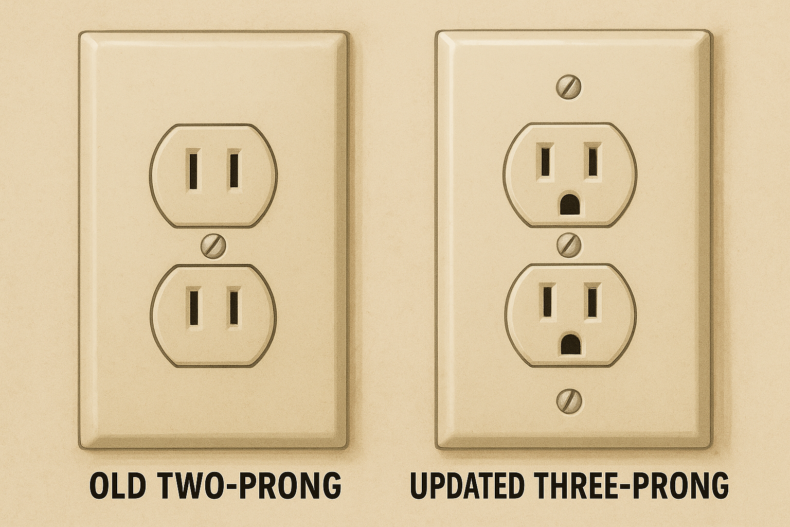 Side-by-side comparison of an old two-prong wall outlet and a modern three-prong grounded outlet.