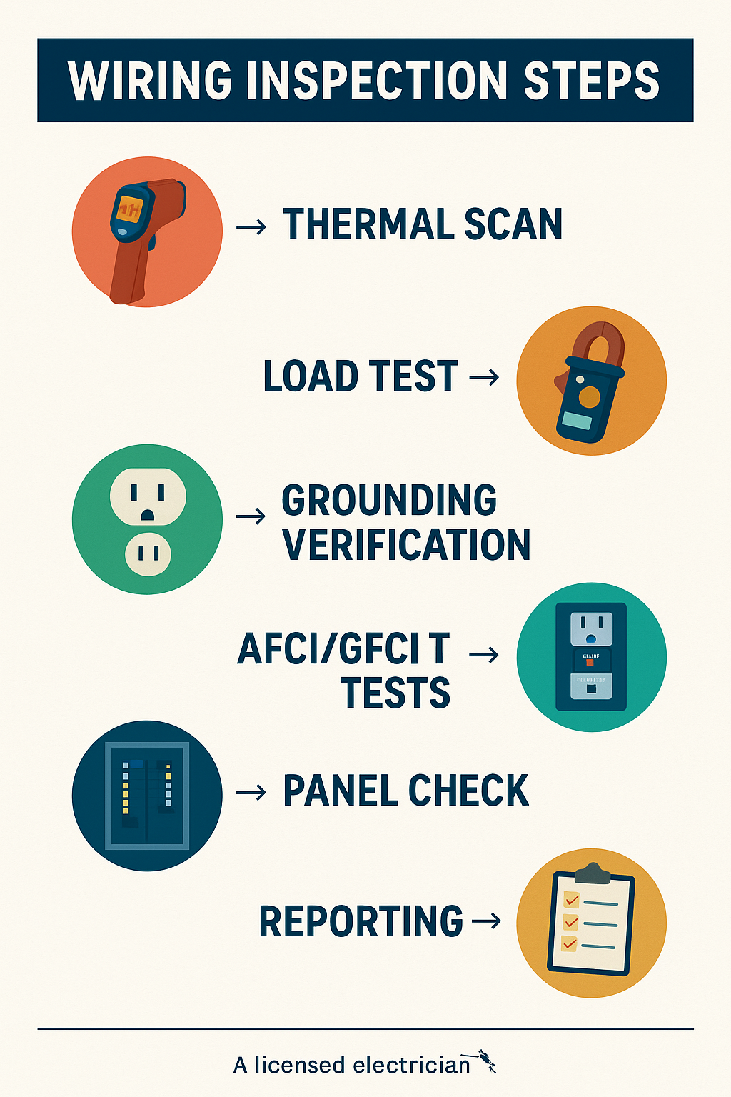Wiring Inspection Steps” showing icons and labels for Thermal Scan, Load Test, Grounding Verification, AFCI/GFCI Tests, Panel Check, and Reporting.