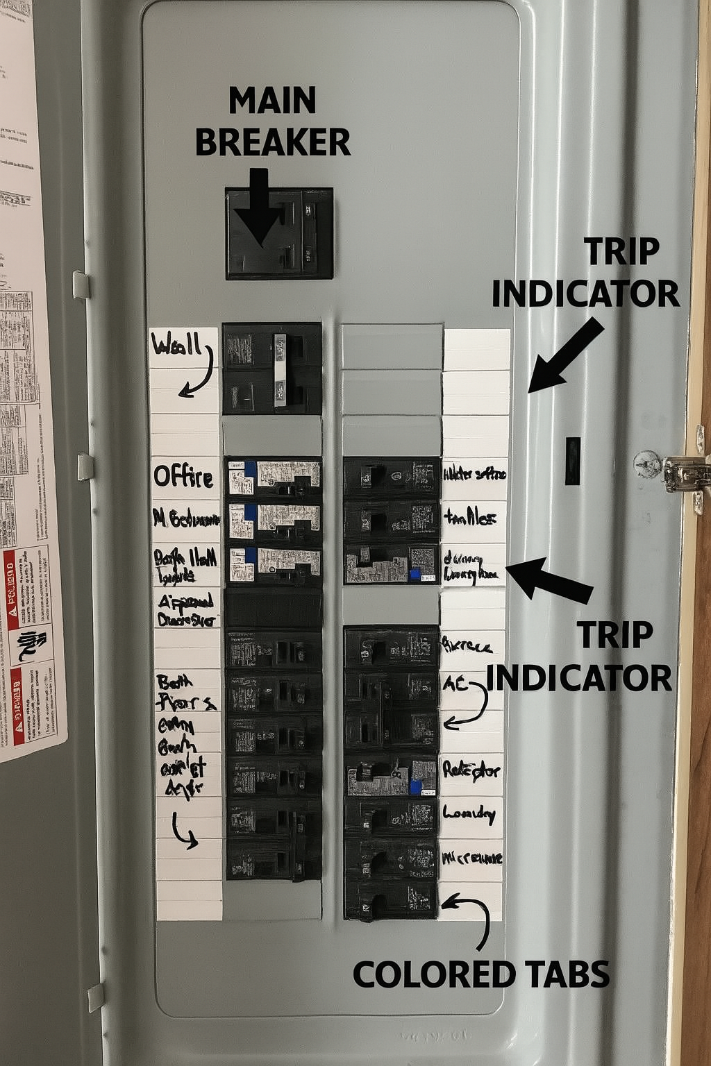 Alt Text: “Labeled diagram of a breaker panel showing main breaker, branch breakers, trip indicator, and colored tabs.”