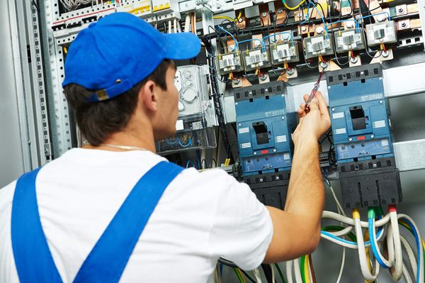 a man in a blue hat is working on an electrical box