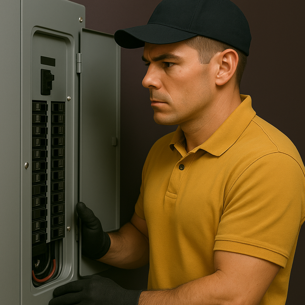 Licensed electrician inspecting an open electrical panel for safety and upgrade readiness.