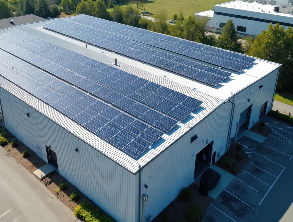 Aerial view of a white warehouse with solar panels on its roof and parking spaces beside it