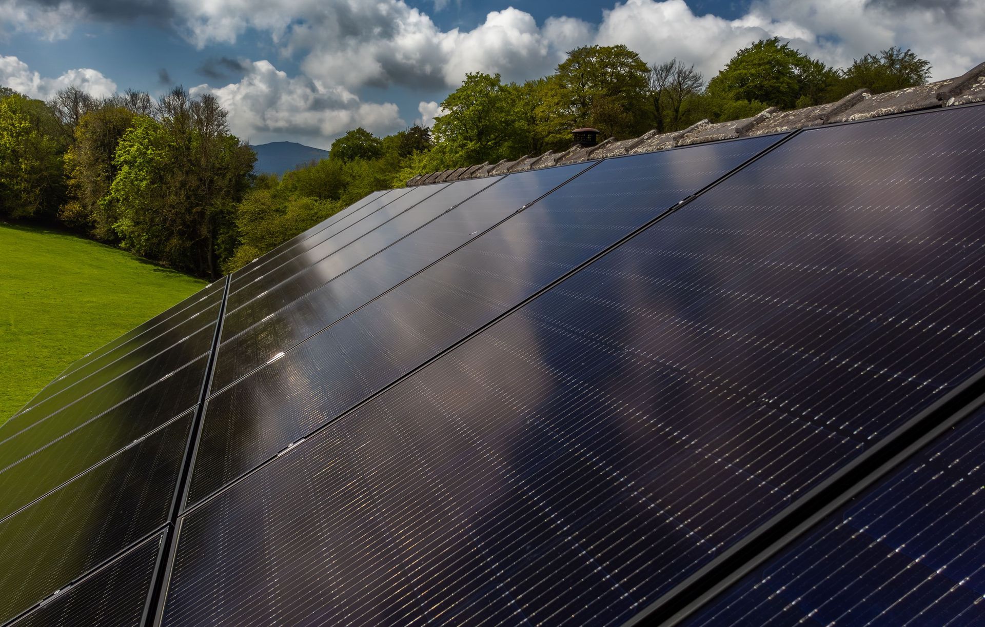 A close-up of dark solar panels on a slanted roof with reflections of the sky, bordered by green trees and a field.