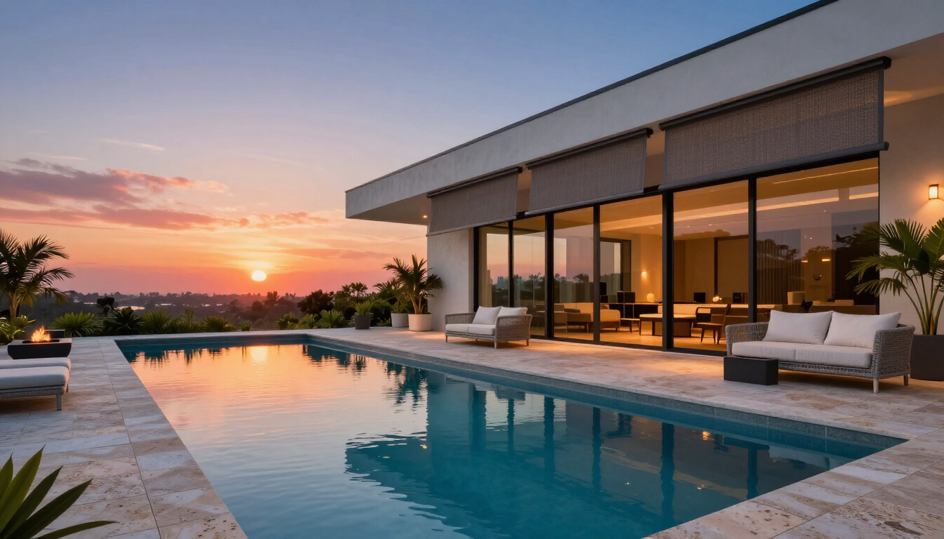 Luxury motorized shades on a modern terrace.