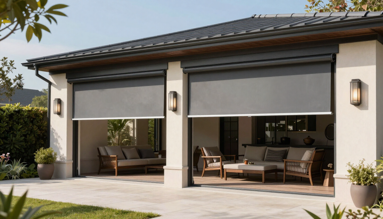Custom outdoor motorized shades on a luxury patio.