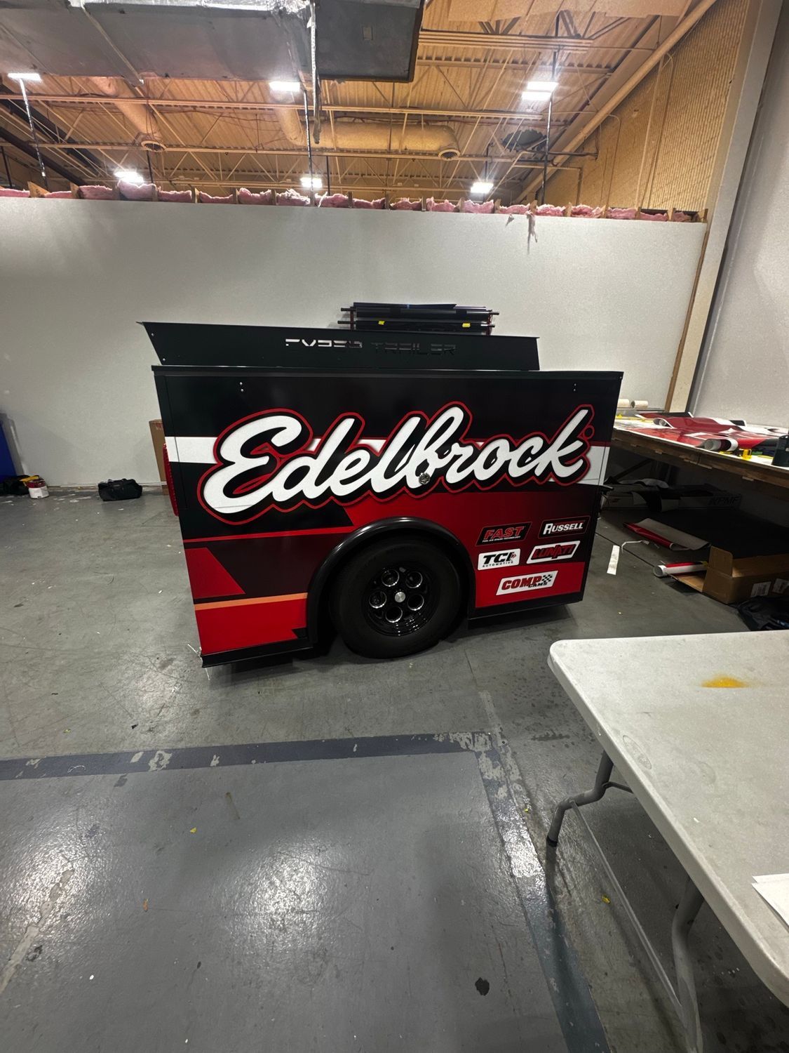 Custom trailer wrapped in Edelbrock branding