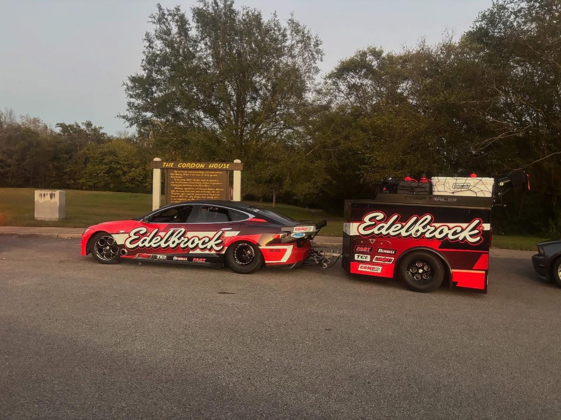 Edelbrock Tesla Model S and matching wrapped trailer
