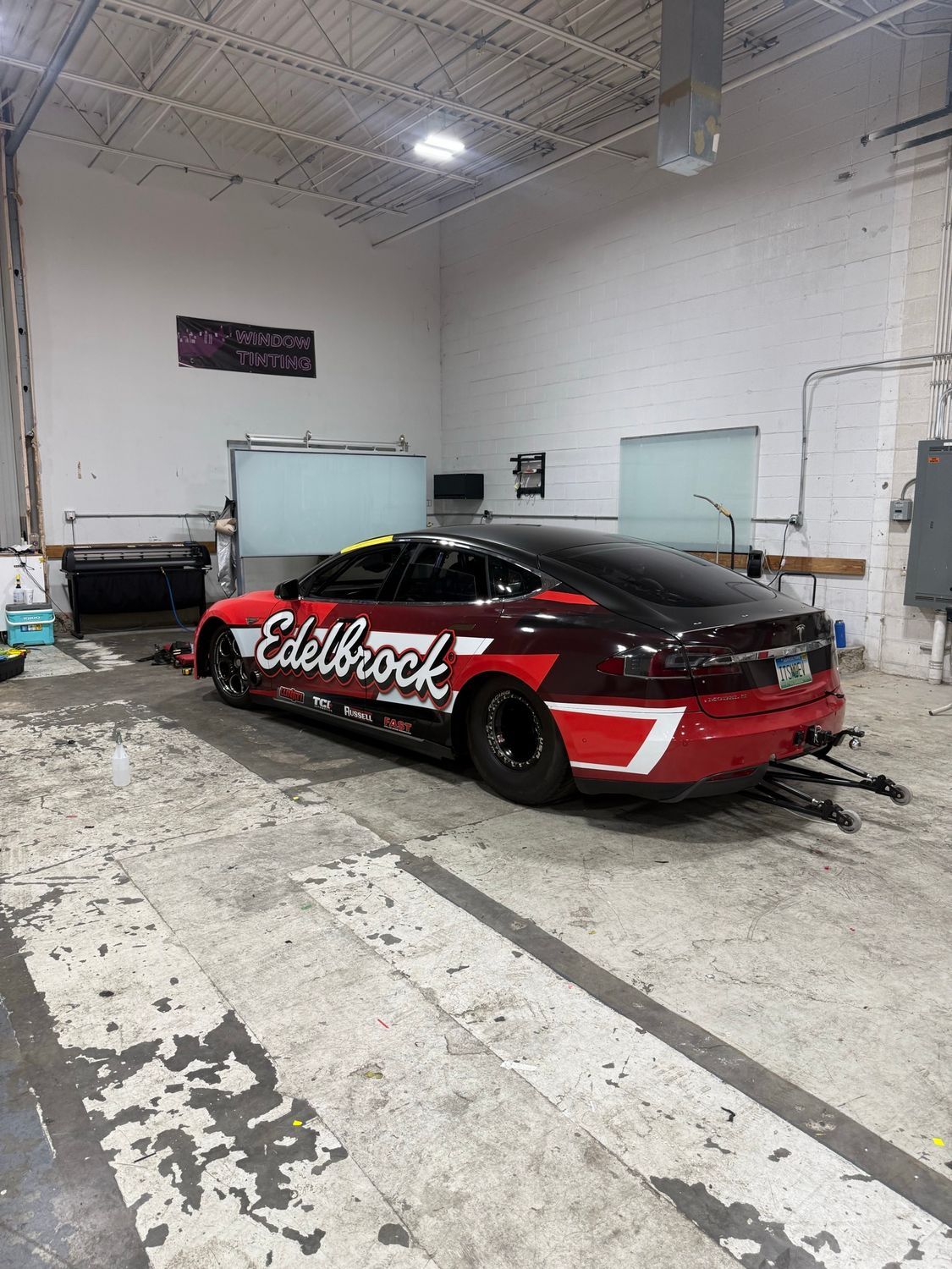 Finished Edelbrock Tesla Model S wrap in the shop