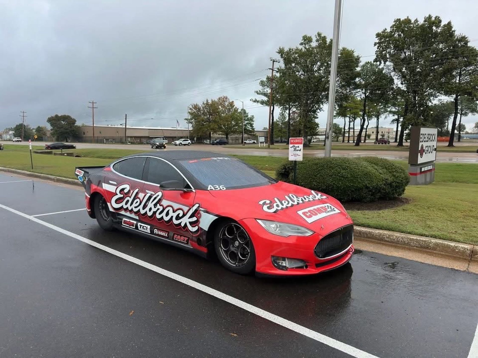 Edelbrock Tesla Model S wrap outdoors in Olive Branch, MS