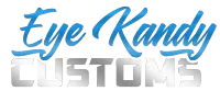 a blue and silver logo for eye kandy customs