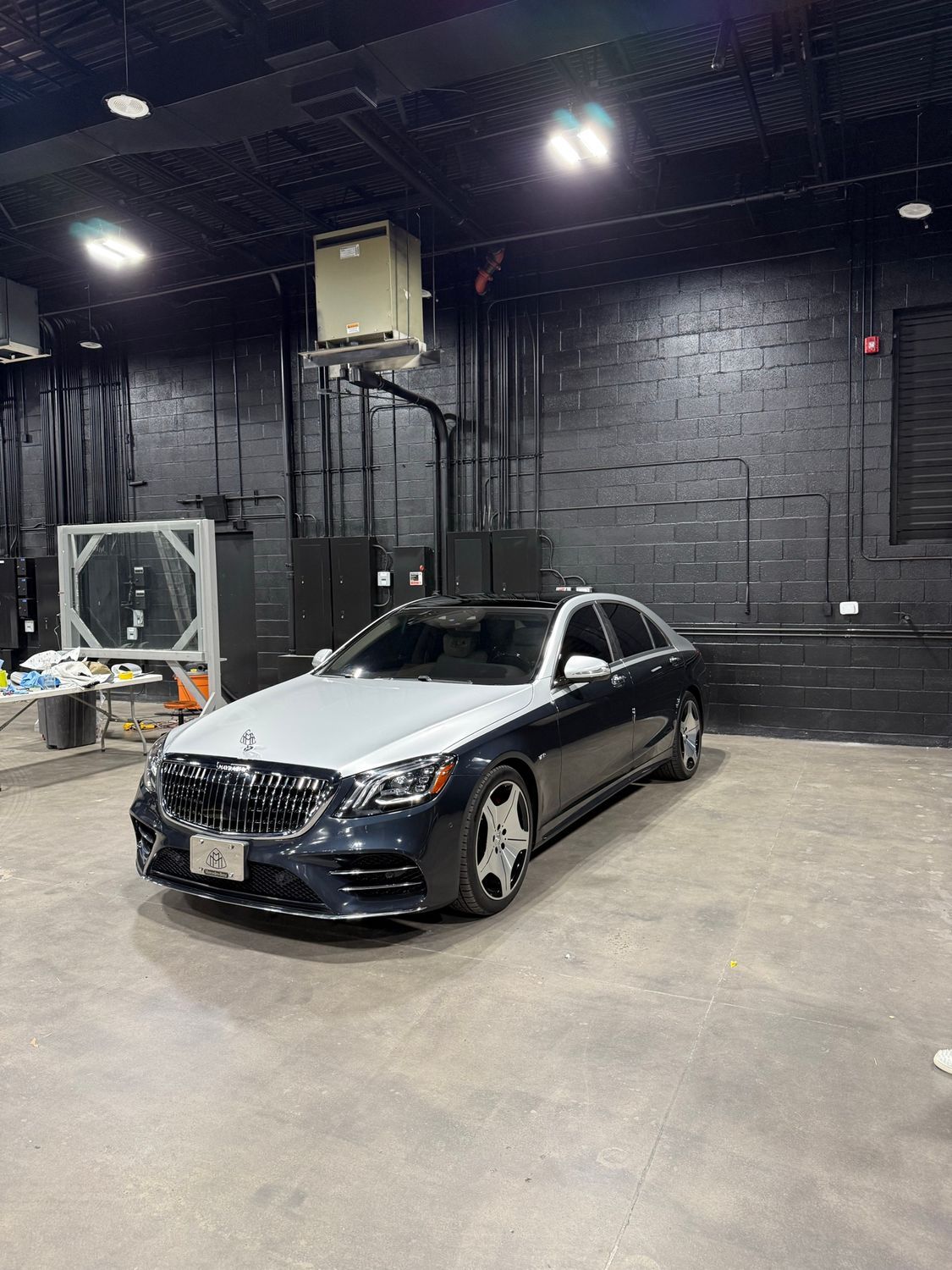 Mercedes S-Class after two-tone Maybach wrap, front three-quarter view