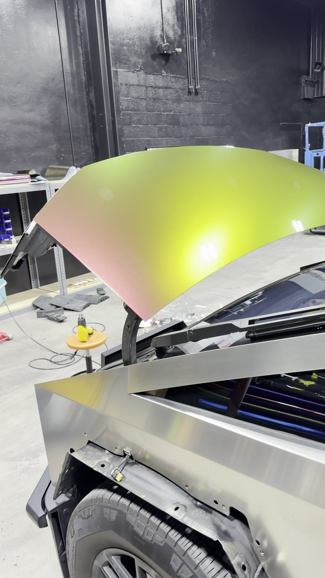 Installing TeckWrap Crazy Grape color shift film on the Cybertruck hood