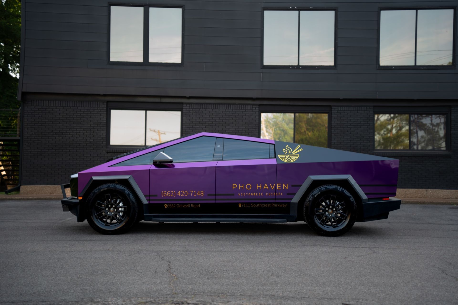Pho Haven Cybertruck side profile in purple TeckWrap Crazy Grape color shift wrap