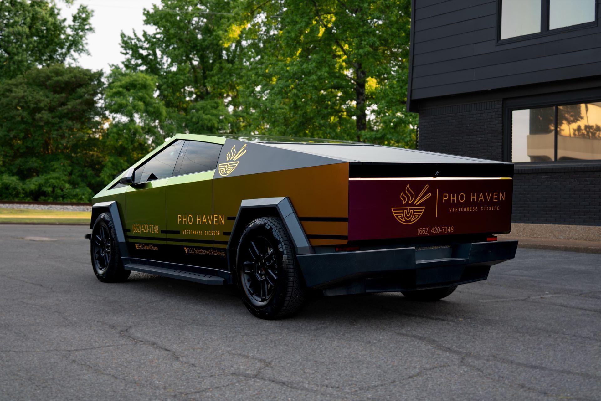 Rear three-quarter view of the Pho Haven Cybertruck color shift wrap