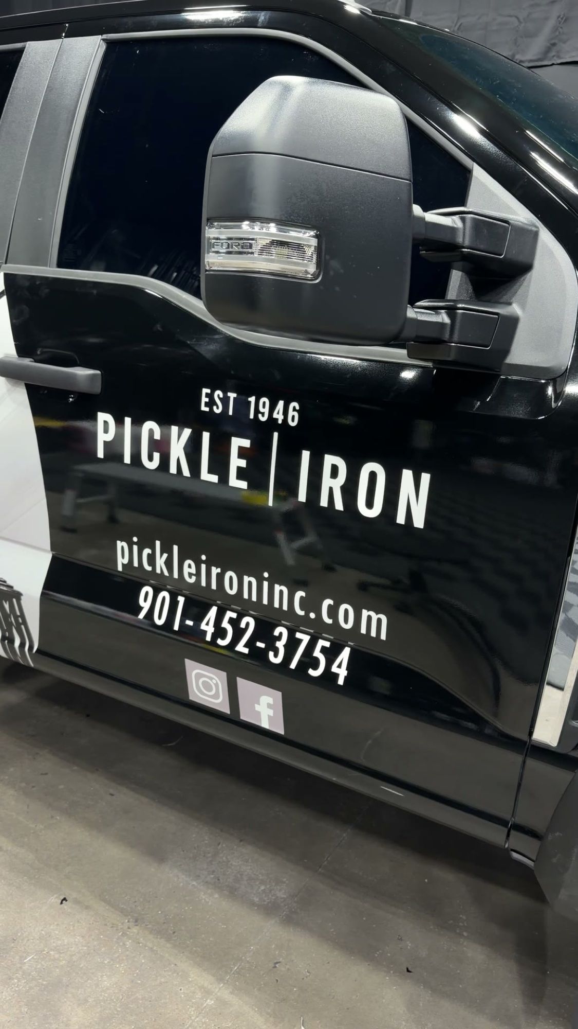Pickle Iron est. 1946 door graphics with phone and website