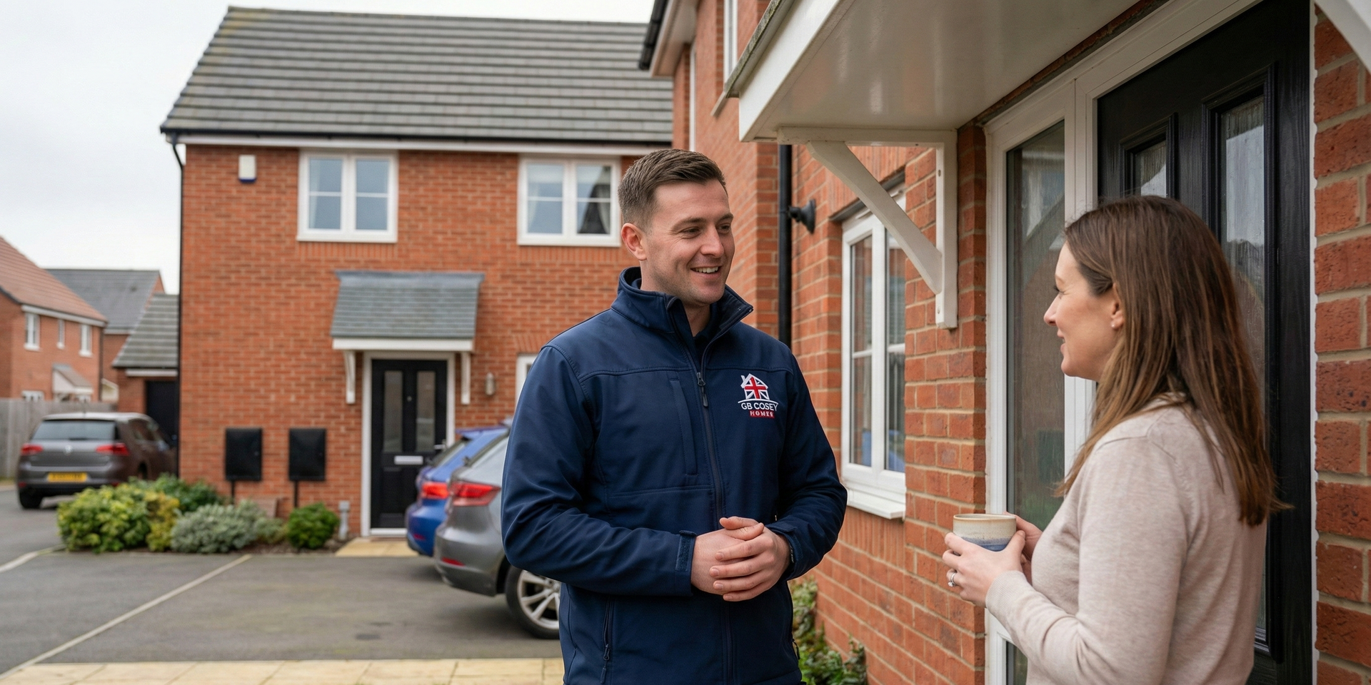 Tradesperson calmly speaking with a homeowner outside a UK property.
