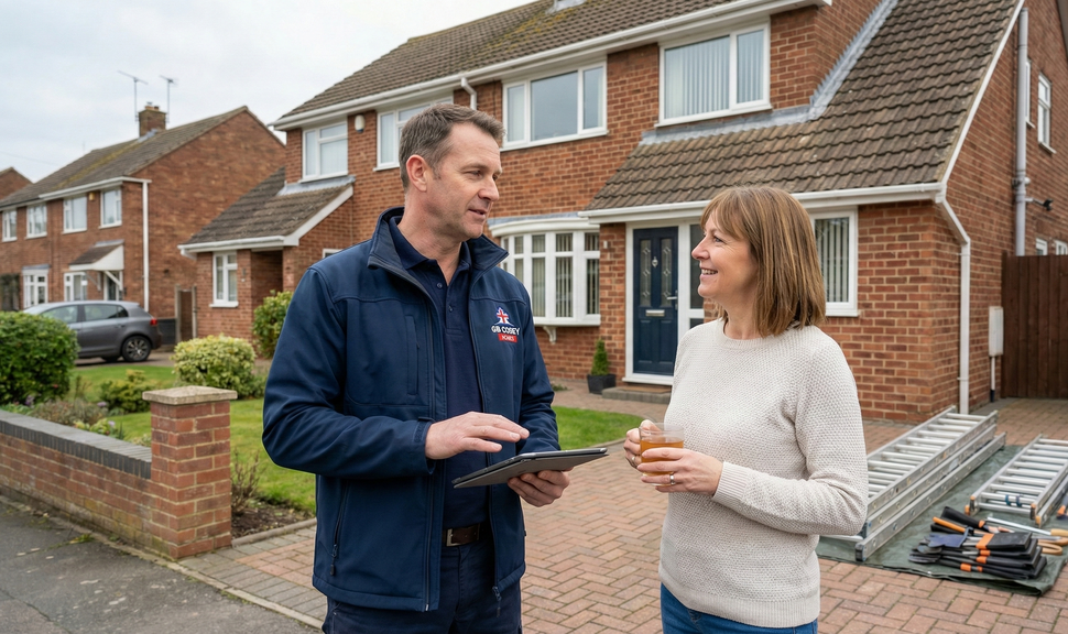 Tradespeople working together and explaining home improvement work to a homeowner.