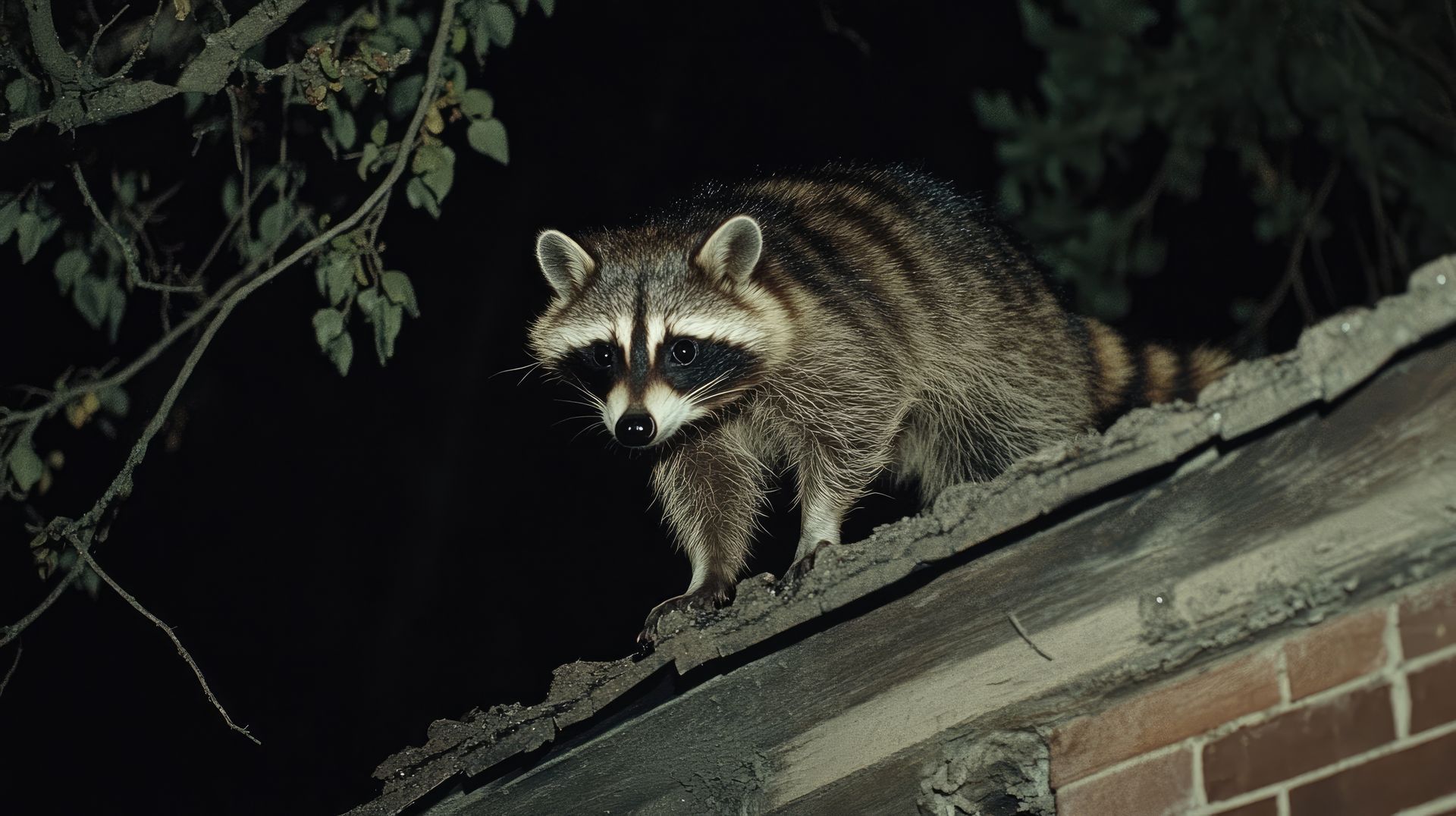 A raccoon is standing on the roof of a building at night.